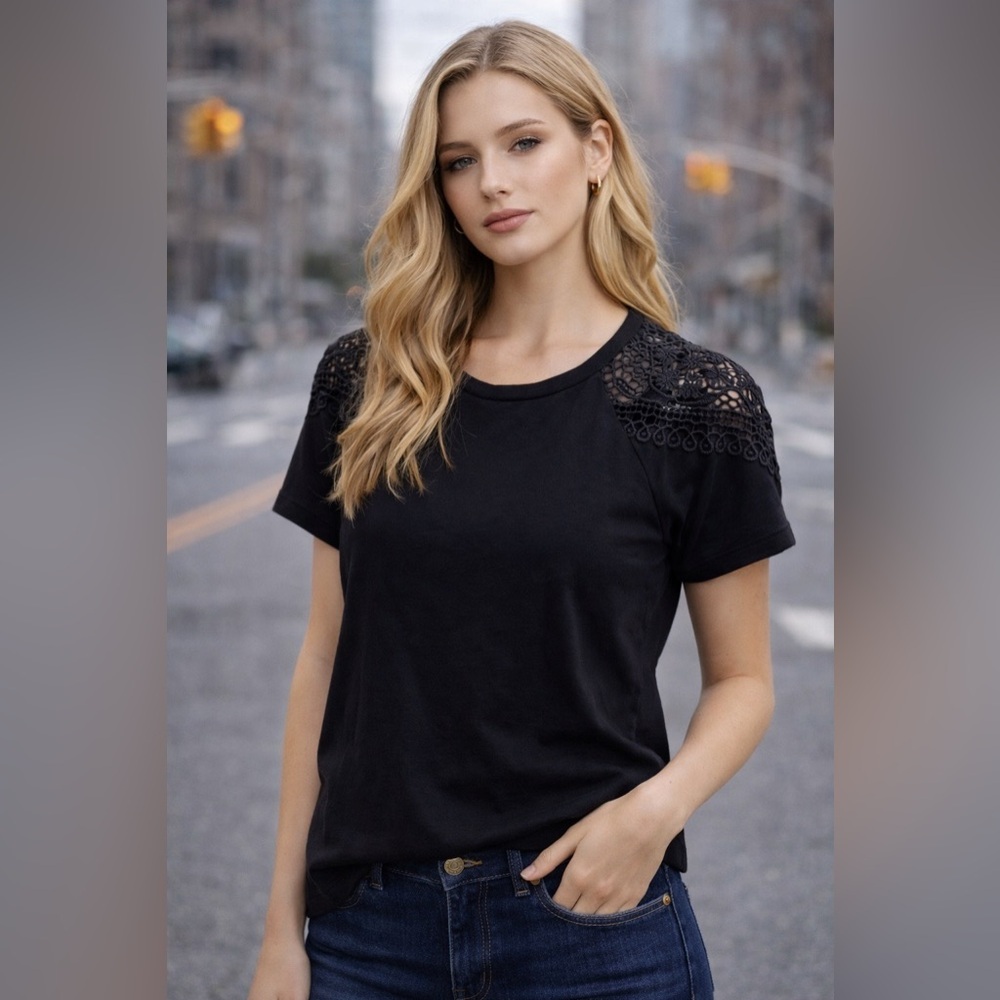 Hallhuber 100% Cotton Tee Crocheted Shoulders Black Quality Cotton size …​​
